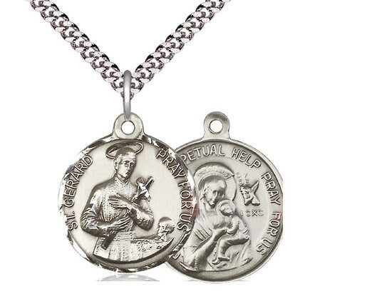 Saint Gerard / Our Lady Perpetual Help Sterling Silver Pendant on a 24 inch Light Rhodium Heavy Curb Chain.