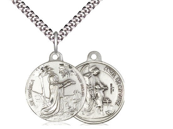 Saint Monica / Guardian Angel Sterling Silver Pendant on a 24 inch Light Rhodium Heavy Curb Chain.