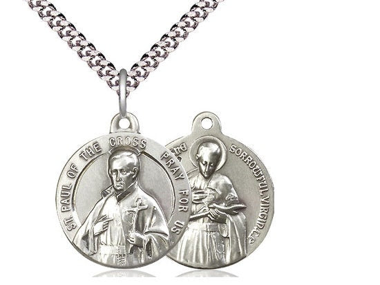 Saint Paul of the Cross / Gabriel of the Blessed Virgin Sterling Silver Pendant on a 24 inch Light Rhodium Heavy Curb Chain.