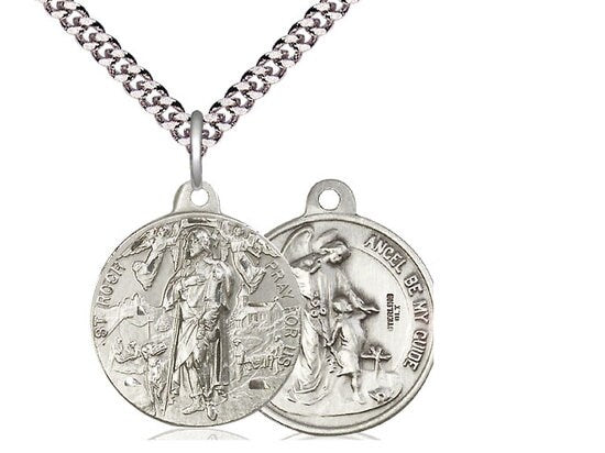 St Roch / Guardian Angel Sterling Silver Pendant on a 24 inch Light Rhodium Heavy Curb Chain.