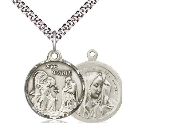Saint Gabriel the Archangel / Mater Dolorosa Sterling Silver Pendant on a 24 inch Light Rhodium Heavy Curb Chain.