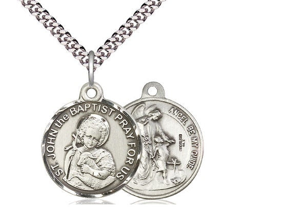 Saint John the Baptist / Guardian Angel Sterling Silver Pendant on a 24 inch Light Rhodium Heavy Curb Chain.