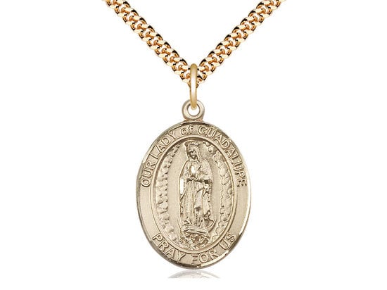 Our Lady of Guadalupe Gold Filled Pendant on a 24 inch Gold Plate Heavy Curb Chain.
