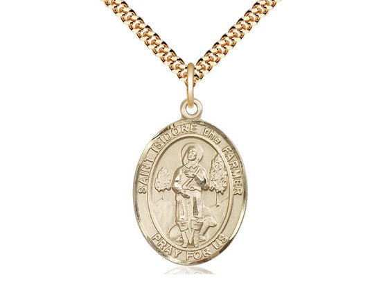 St Isidore the Farmer Gold Filled Pendant on a 24 inch Gold Plate Heavy Curb Chain.