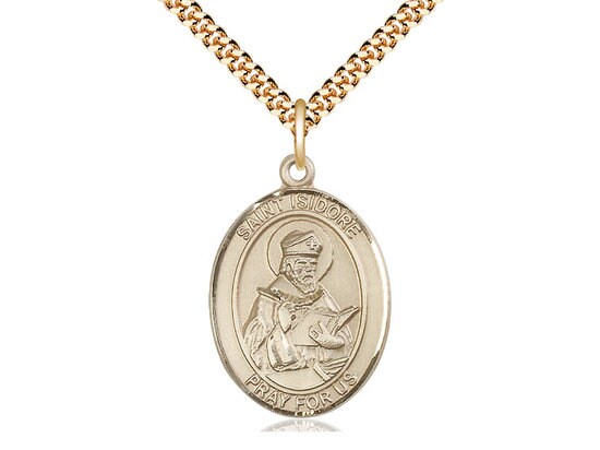St Isidore of Seville Gold Filled Pendant on a 24 inch Gold Plate Heavy Curb Chain.