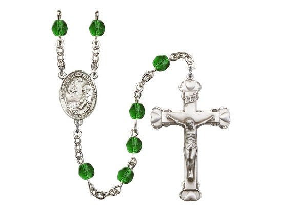 Catherine of Bologna Center Hand Made Silver Plate Rosary with 6mm Fire Polished Emerald Beads