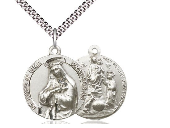 Saint Rose of Lima / Holy Rosary Sterling Silver Pendant on a 24 inch Light Rhodium Heavy Curb Chain.