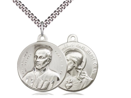 Saint Ignatius / Sacred Heart of Jesus Sterling Silver Pendant on a 24 inch Light Rhodium Heavy Curb Chain.