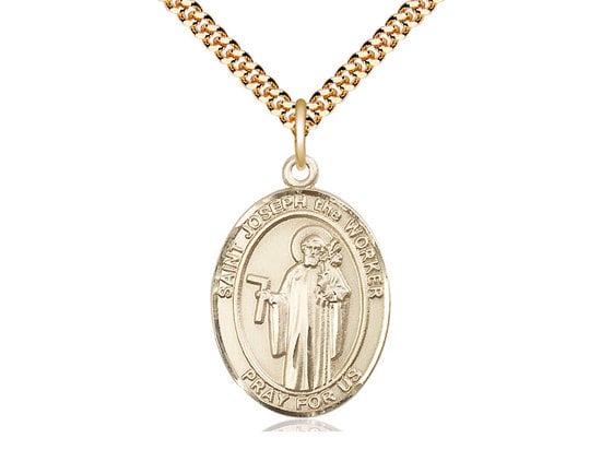 St Joseph the Worker Gold Filled Pendant on a 24 inch Gold Plate Heavy Curb Chain.