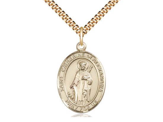 St Catherine of Alexandria Gold Filled Pendant on a 24 inch Gold Plate Heavy Curb Chain.