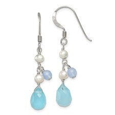 Silver Blue Topaz/Blue Agate/ Cultured Pearl Earrings