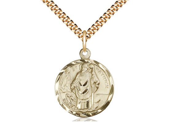 St Patrick Gold Filled Pendant on a 24 inch Gold Plate Heavy Curb Chain.