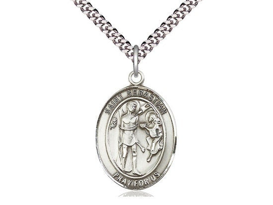 St Sebastian Sterling Silver Pendant on a 24 inch Light Rhodium Heavy Curb Chain.