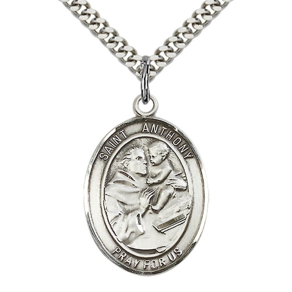 St Anthony of Padua Sterling Silver Pendant on a 24 inch Light Rhodium Heavy Curb Chain.