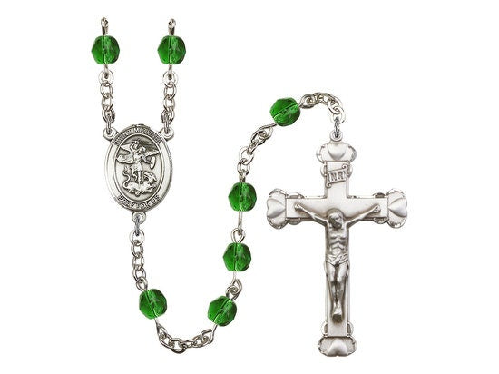 St. Michael the Archangel Center Hand Made Silver Plate Rosary with 6mm Fire Polished Emerald Beads