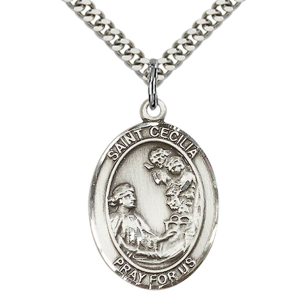 St Cecilia Sterling Silver Pendant on a 24 inch Light Rhodium Heavy Curb Chain.