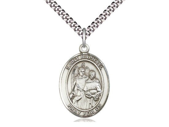 St Raphael the Archangel Pendant Sterling Silver on a 24 inch Light Rhodium Heavy Curb Chain.