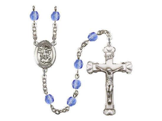 St. Michael the Archangel Center Hand Made Silver Plate Rosary with 6mm Fire Polished Sapphire Beads
