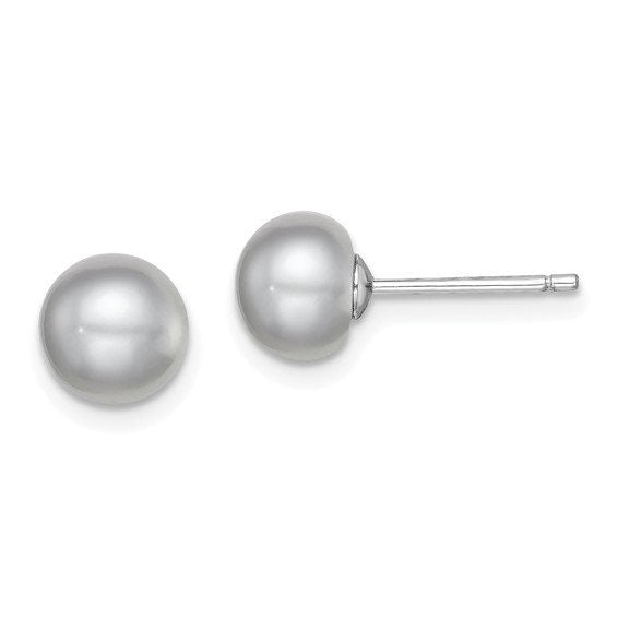 Silver 7-8mm Grey Cultured Button Pearl Stud Earrings