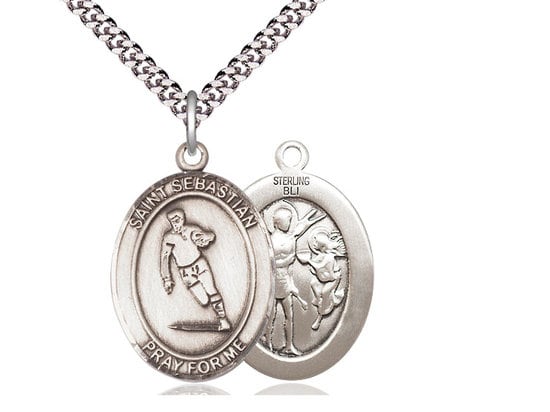 St Sebastian Rugby Sterling Silver Pendant on a 24 inch Light Rhodium Heavy Curb Chain.