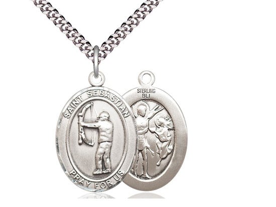 St Sebastian Archery Sterling Silver Pendant on a 24 inch Light Rhodium Heavy Curb Chain.