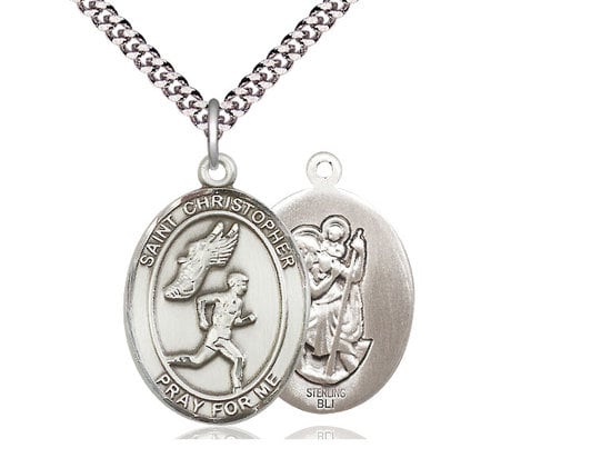 St. Christopher Track & Field Sterling Silver Pendant on a 24 inch Light Rhodium Heavy Curb Chain.