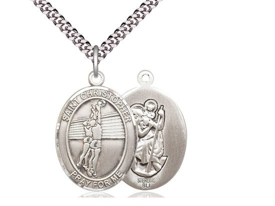 St Christopher Volleyball Sterling Silver Pendant on a 24 inch Light Rhodium Heavy Curb Chain.