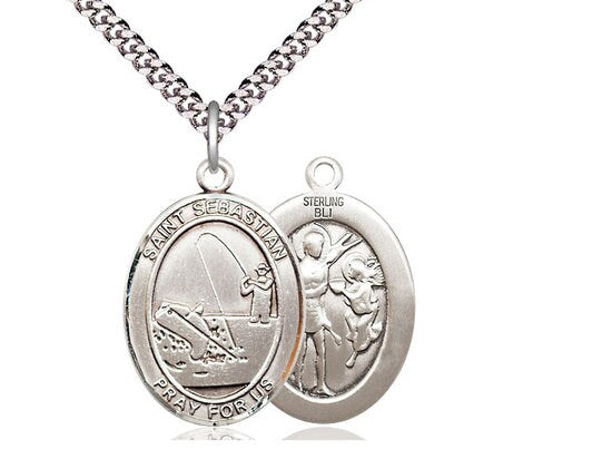 St Sebastian Fishing Sterling Silver Pendant on a 24 inch Light Rhodium Heavy Curb Chain.