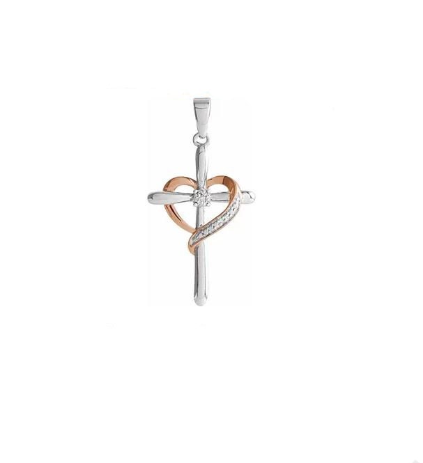 Silver Diamond Heart Cross Pendant