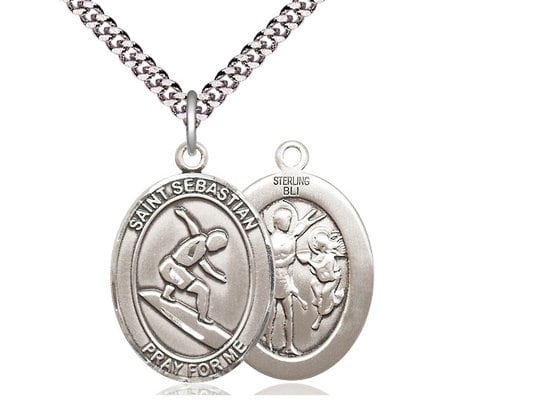 St Sebastian Surfing Sterling Silver Pendant on a 24 inch Light Rhodium Heavy Curb Chain.