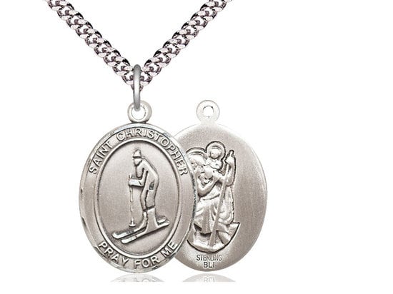 St Christopher Skiing Sterling Silver Pendant on a 24 inch Light Rhodium Heavy Curb Chain.