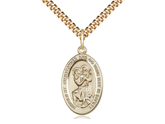 St Christopher Gold Filled Pendant on a 24 inch Gold Plate Heavy Curb Chain.