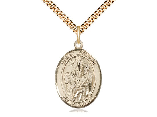 St Jerome Gold Filled Pendant on a 24 inch Gold Plate Heavy Curb Chain.