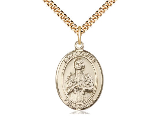 St Kateri Tekakwitha Gold Filled Pendant on a 24 inch Gold Plate Heavy Curb Chain.