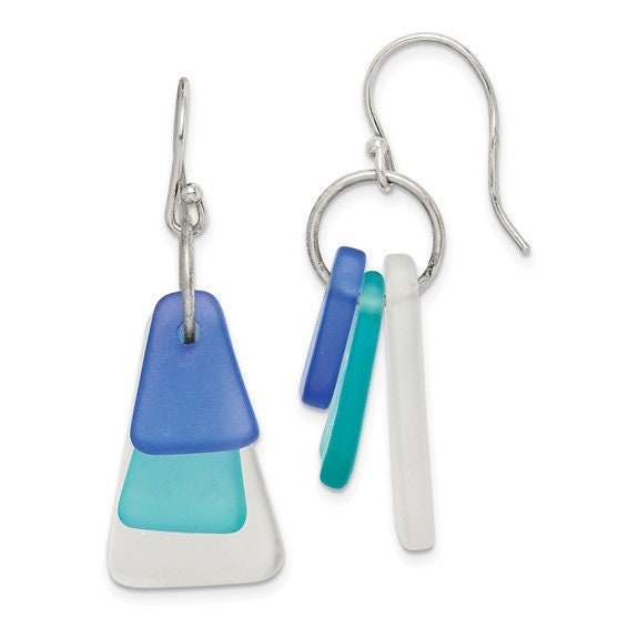 Silver Blue Gradient Sea Glass Dangle Earrings