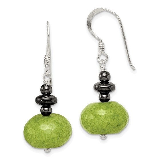 Silver Green Jade and Hematite Earrings