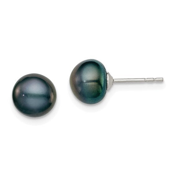 Silver 7-8mm Black Cultured Button Pearl Stud Earring