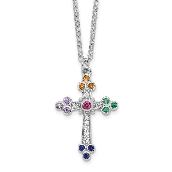 Silver Multi-color CZ Cross Necklace