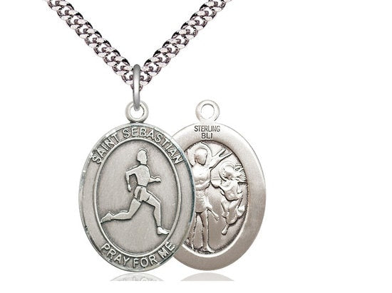 St Sebastian Track & Field Sterling Silver Pendant on a 24 inch Light Rhodium Heavy Curb Chain.