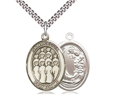 St Cecilia Choir Sterling Silver Pendant on a 24 inch Light Rhodium Heavy Curb Chain.