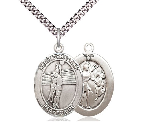 St Sebastian Volleyball Sterling Silver Pendant on a 24 inch Light Rhodium Heavy Curb Chain.