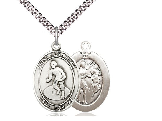 St Sebastian Wrestling Sterling Silver Pendant on a 24 inch Light Rhodium Heavy Curb Chain.
