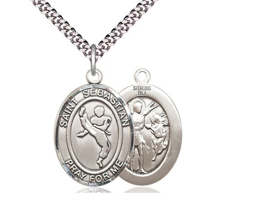 St Sebastian Martial Arts Sterling Silver Pendant on a 24 inch Light Rhodium Heavy Curb Chain.