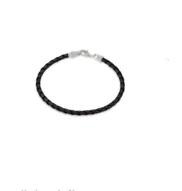 Silver Black Leather Braided Bracelet