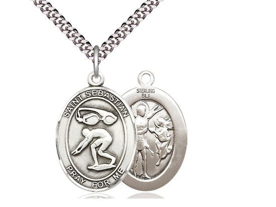 St Sebastian Swimming Sterling Silver Pendant on a 24 inch Light Rhodium Heavy Curb Chain.
