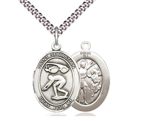 St Christopher Swimming Sterling Silver Pendant on a 24 inch Light Rhodium Heavy Curb Chain.