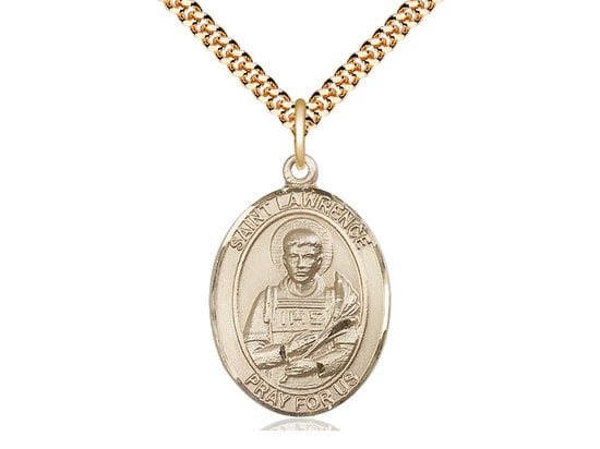 St Lawrence Gold Filled Pendant on a 24 inch Gold Plate Heavy Curb Chain.