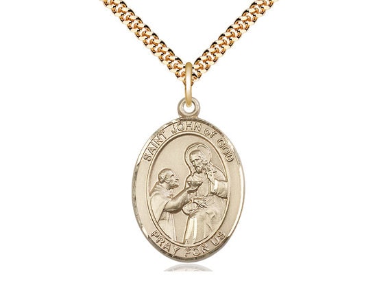 St John of God Gold Filled Pendant on a 24 inch Gold Plate Heavy Curb Chain.