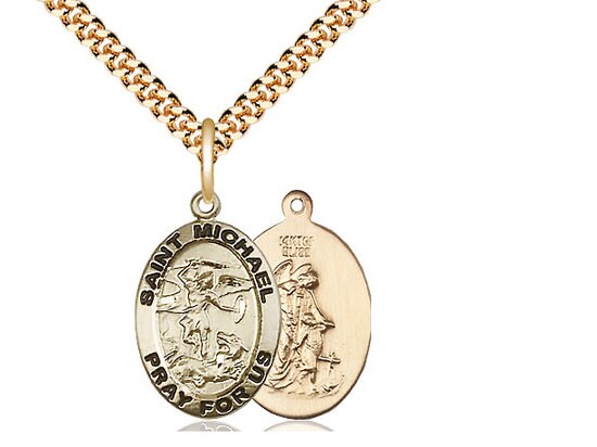 St Michael the Archangel Gold Filled Pendant on a 24 inch Gold Plate Heavy Curb Chain.