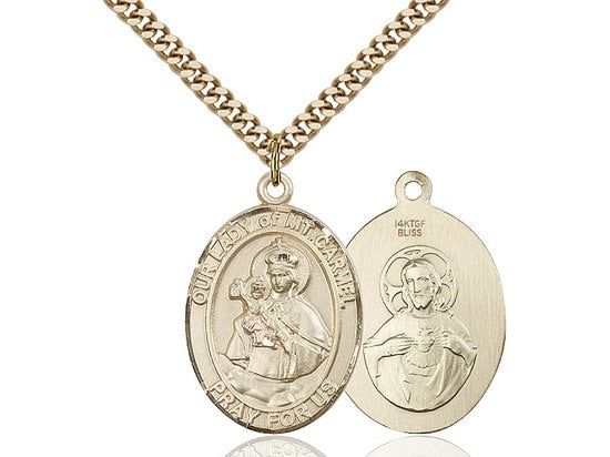 Our Lady of Mount Carmel Gold Filled Pendant on a 24 inch Gold Plate Heavy Curb Chain.